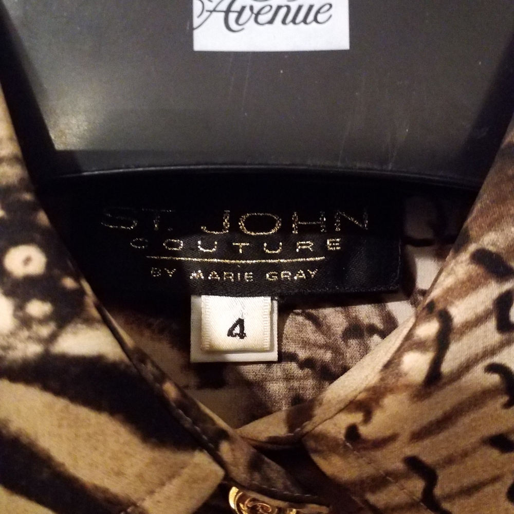 St. John Collection Animal Print Silk Blouse in Beige, Brown & Black - Picture 2 of 6